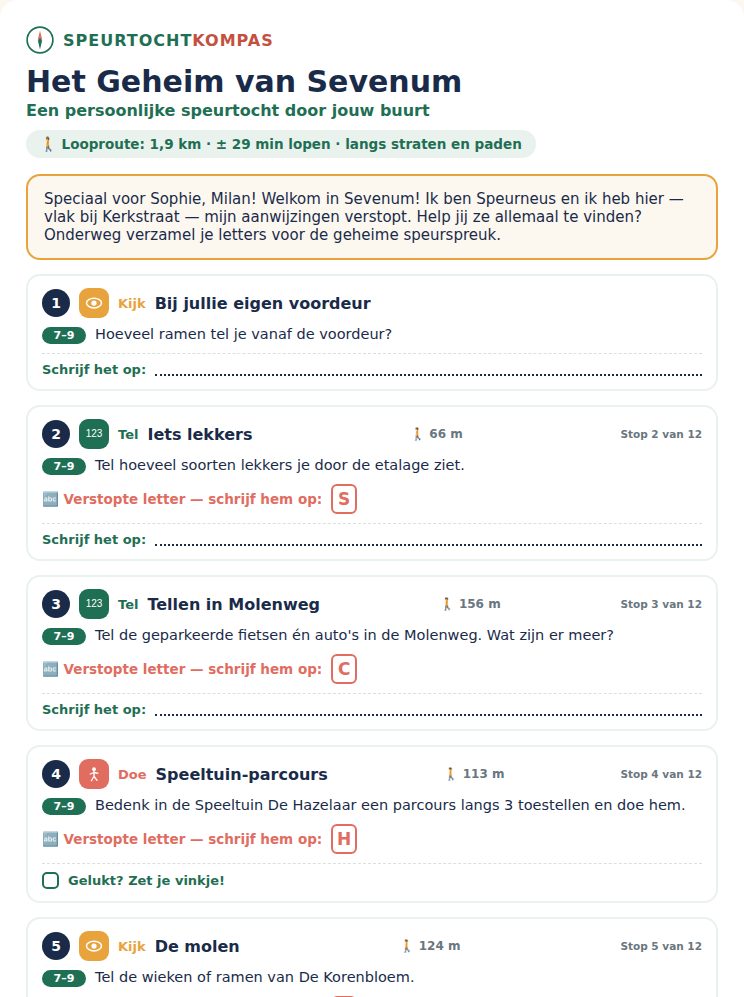 Voorbeeld van een geprint speurblad met opdrachten, letters voor het geheime woord en een looproute